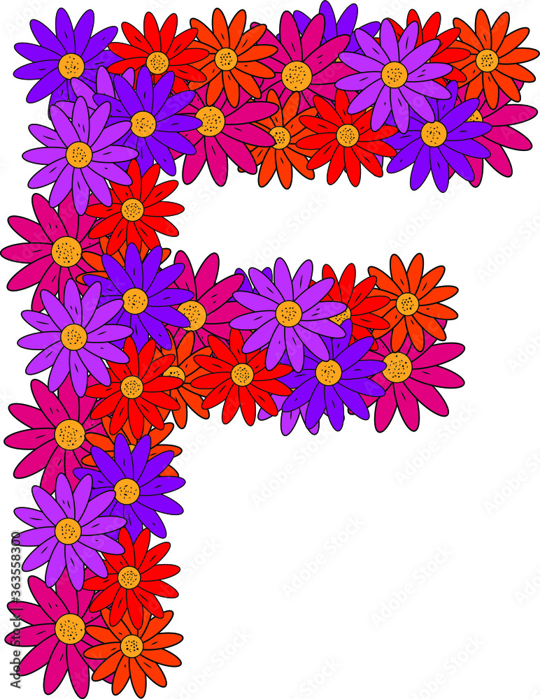 Flower font. The letter F. Many colored flower heads. Inflorescence. Bright petals. Purple, pink, red, orange. Romantic summer lettering