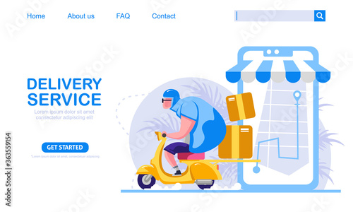 Big guy riding blue scooter vintage motorcycle carrying boxes express delivery service. Mobile phone map at background. Online shopping concept vector illustration for web design, banner, mobile app