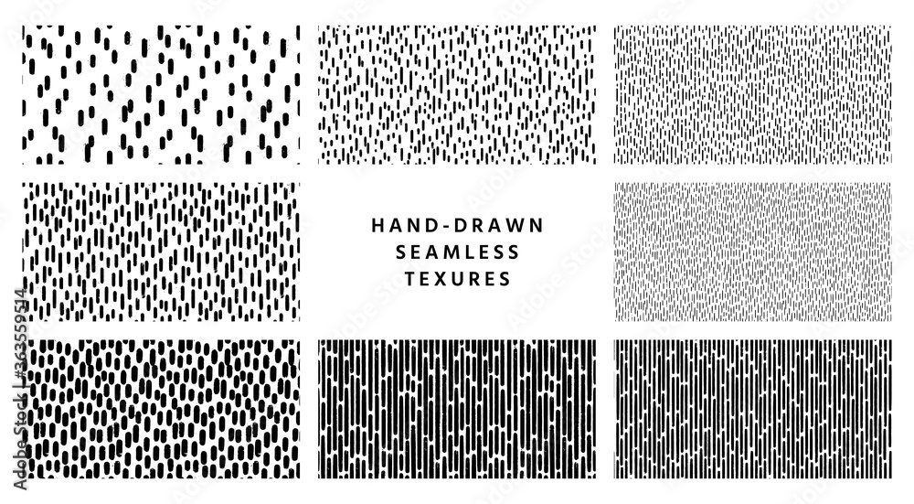 Set of hand-drawn black and white seamless texture with dashed strokes. Vector repeat pattern.