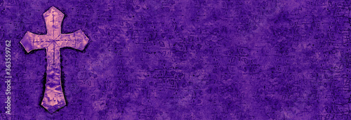 WIDE purple and peach paint and ink cross with printmaking texture