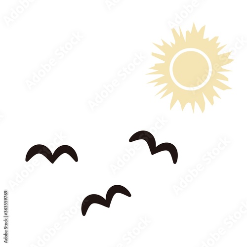 3羽のかもめと太陽のシンプルなイラスト