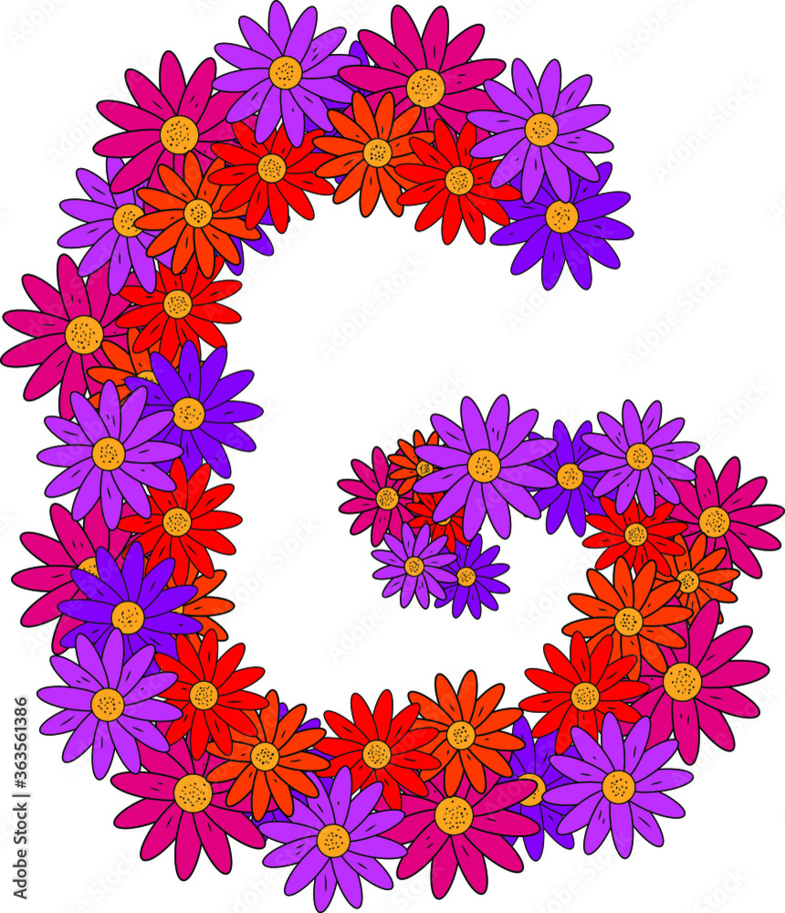 Flower font. The letter G. Many colored flower heads. Inflorescence. Bright petals. Purple, pink, red, orange. Romantic summer lettering Flower font. The letter G. Many colored flower heads. Inflorescence. Bright petals. Purple, pink, red, orange. Romantic summer lettering