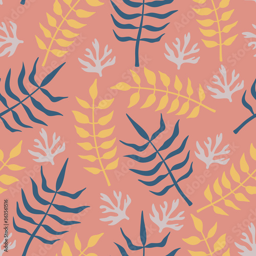 Abstract hand drawn tropical flowers and plants seamless pattern in doodle style. Vector isolated illustrations, elements on a pink background. 