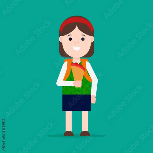 Flat vector illustration: schoolgirl with a bouquet of flowers. Schoolgirl back to school.