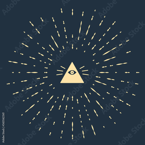Beige Masons symbol All-seeing eye of God icon isolated on blue background. The eye of Providence in the triangle. Abstract circle random dots. Vector Illustration.
