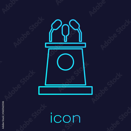 Turquoise line Stage stand or debate podium rostrum icon isolated on blue background. Conference speech tribune. Vector Illustration.
