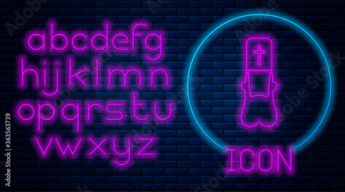 Glowing neon Priest icon isolated on brick wall background. Neon light alphabet. Vector Illustration.