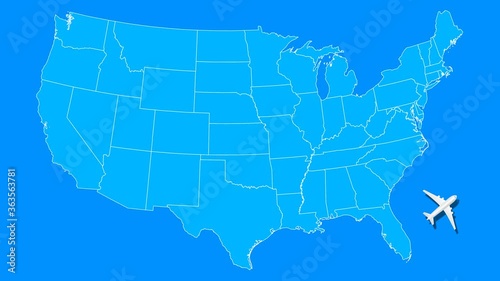 Airplane animation fly over around blue USA map. Summer vacations and travel concept. Seamless looped motion graphic animation.