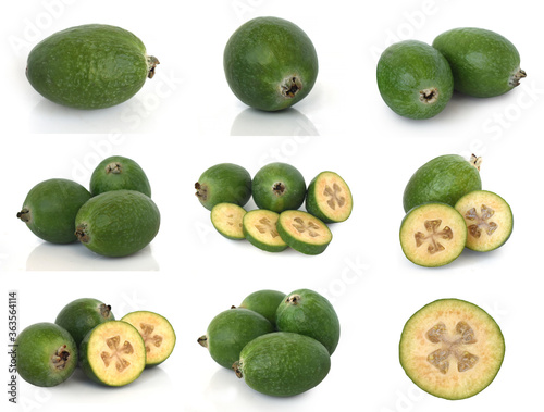 Feijoa fruit Collection,  Feijoa set on white background