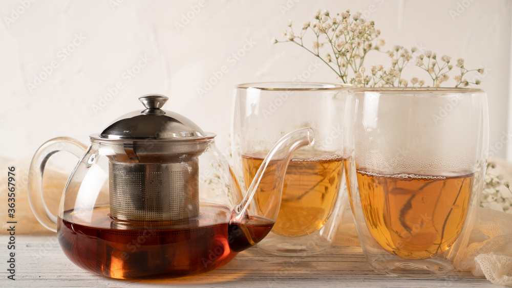 Bleak morning tea in double walled insulated glass mugs and glass teapot. Thermal glass tea cups. Bright morning tea Bleak morning tea in double walled insulated glass mugs and glass teapot. Thermal glass tea cups. Bright morning tea