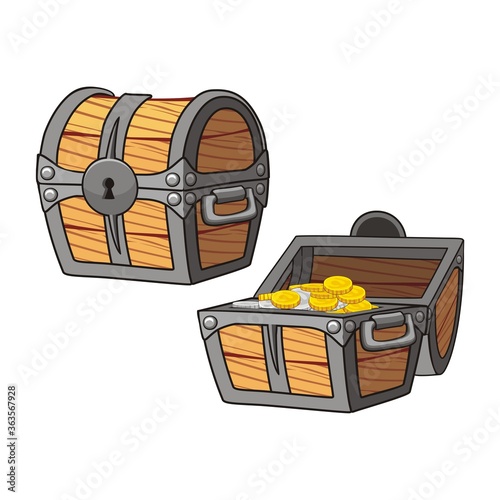 Wooden Chest set for game interface, closed and opened with golden coins, isolated on white background