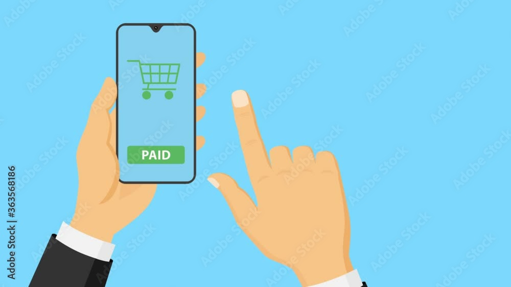 Online shopping with mobile app. Product purchase and payment. Hand click buy button on flat smartphone screen with shopping cart icon. Business concept animation. Cyan background. Online shopping with mobile app. Product purchase and payment. Hand click buy button on flat smartphone screen with shopping cart icon. Business concept animation. Cyan background.