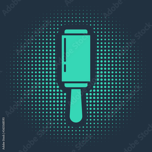Green Adhesive roller for cleaning clothes icon isolated on blue background. Getting rid of debris, dust, hair, fluff, pet wool. Abstract circle random dots. Vector Illustration.