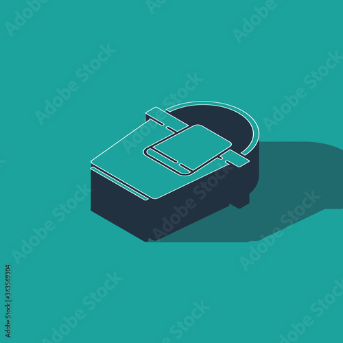 Isometric Bucket with rag icon isolated on green background. Cleaning service concept. Vector Illustration.