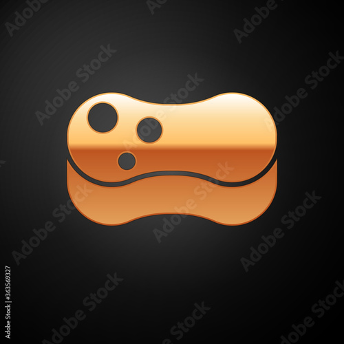 Gold Sponge icon isolated on black background. Wisp of bast for washing dishes. Cleaning service concept. Vector Illustration.
