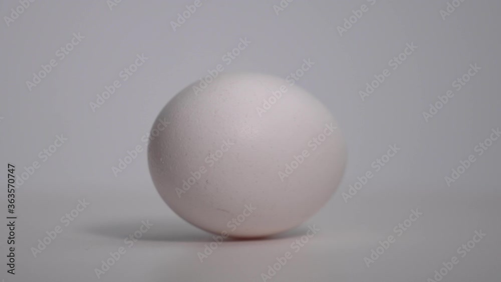 White egg rotate on the surface. Close up macro shot. White background. Before cook White egg rotate on the surface. Close up macro shot. White background. Before cook