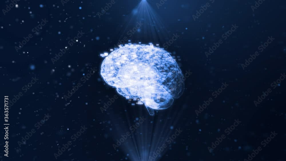 MRI of the brain. Animated three-dimensional model of the brain in the rays of blue. Looping animation loop. The concept of new technologies in science and medicine. 3d rendering.