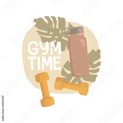 Abstract round background with texture. Handwritten lettering "gym time". Dumbbells, bottle for water. Cardio exercises, weight loss, healthy lifestyle. Vector illustration. Banner design, sticker.