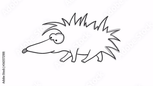 Hedgehog animation is coming. in black and white 15 seconds cartoon. White background photo