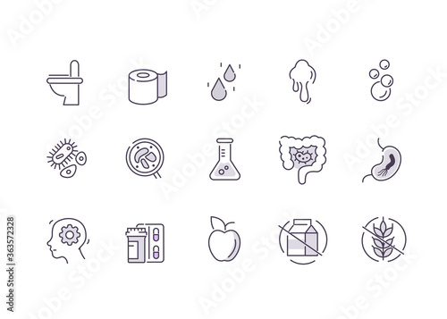 Irritable Bowel Syndrome Symbols. Stomach, Intestine, Gluten and Lactose Free Diet and other Human Digestive System Signs. IBS Disease Medical Concept. Flat Line Vector Illustration and Icons set.