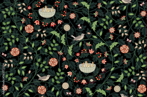 Vintage flowers, foliage and birds seamless pattern on dark green background. Vector illustration.