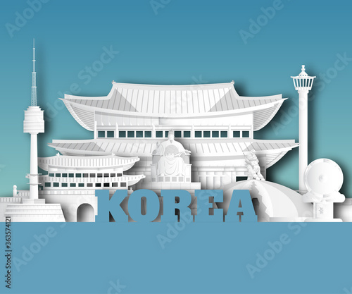 South korea Landmark Global Travel And Journey paper background. Vector Design Template.used for your advertisement, book, banner, template, travel business or presentation.