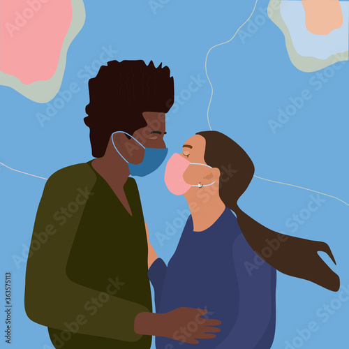 Interracial relationship.Couple kissing with face masks,holding each other.Second wave coronavirus concept on abstract background.Caucasian woman and afro american man in love.Quarantine.Vector photo