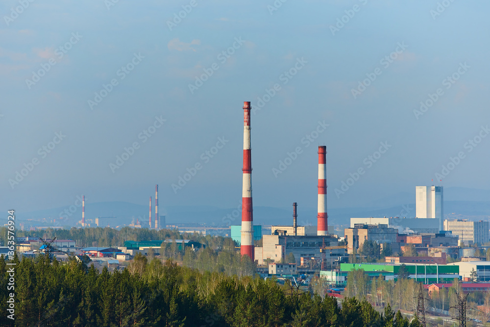 View of industrial enterprises located in the city of Miass, Chelyabinsk region, in the southern Urals.