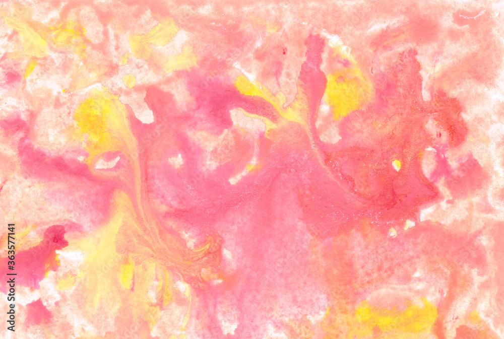 Abstract watercolor background. Fluid art texture. Liquid acrylic paint. Yellow, pink, orange, red and white colors mixed together. Color splashing on paper. Handmade original wallpaper
