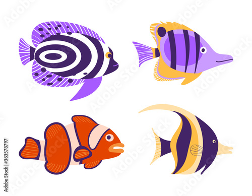 Tropic fish set isolated on white background. Exotic underwater creatures. Flat vector illustration.