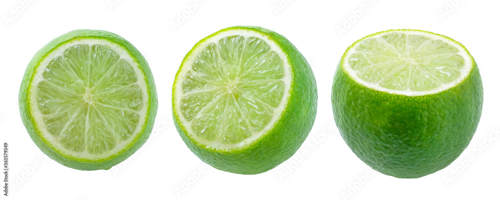 Different views of lime crosswise sliced isolated on white background with clipping path. Three angles view of fresh citrus fruit.
