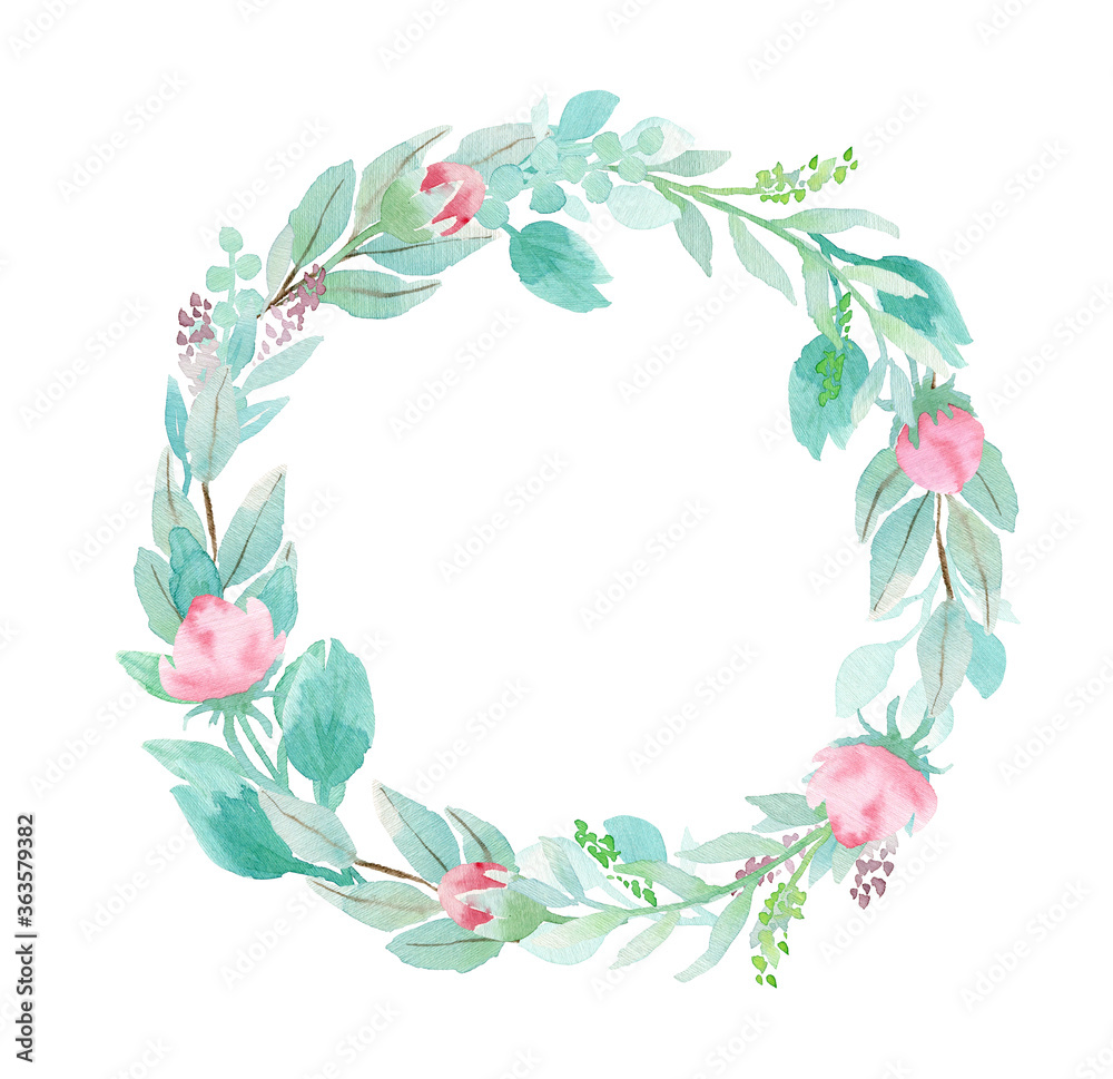 Hand drawing botanical illustration. Greenery spring wreath with mint leaves and pink buds. Floral Design elements. Perfect for wedding invitations, greeting cards, prints, packing, posters and more