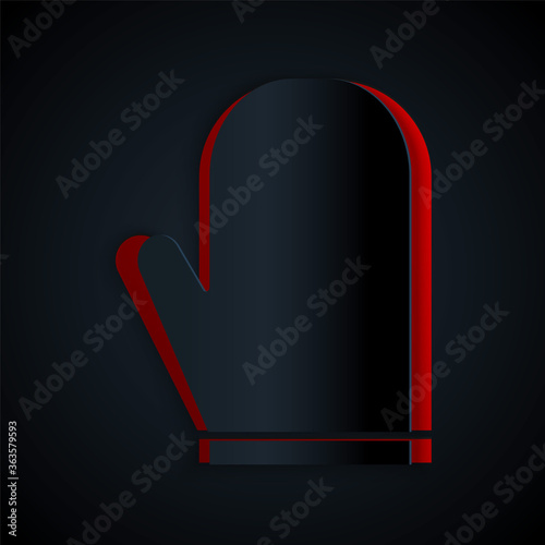 Paper cut Oven glove icon isolated on black background. Kitchen potholder sign. Cooking glove. Paper art style. Vector Illustration.