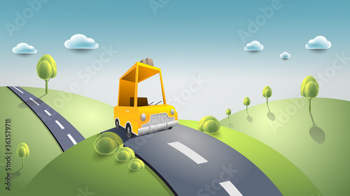 Yellow car move along country road and journey on summer. Vector art and illustration travel concept