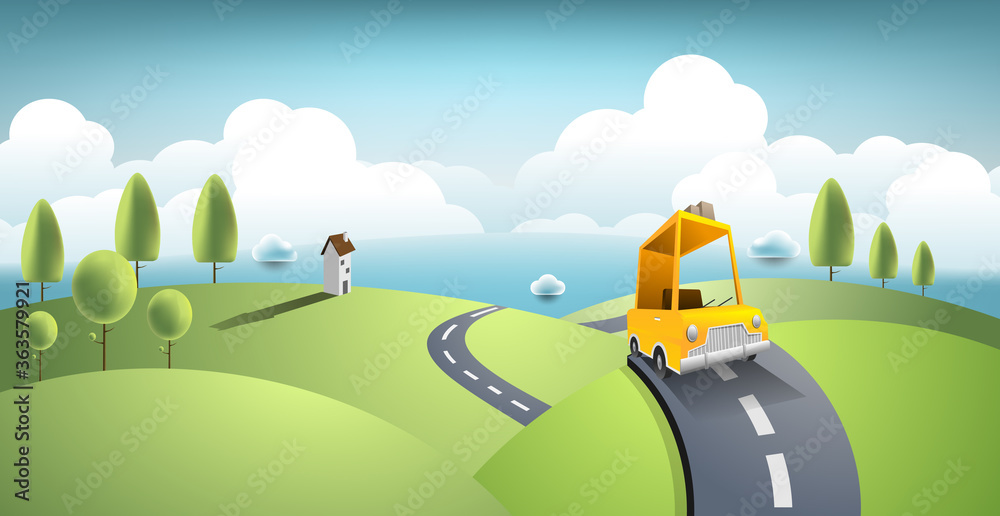 Yellow car move along country road and journey on summer. Vector art and illustration travel concept - obrazy, fototapety, plakaty 