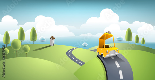 Yellow car move along country road and journey on summer. Vector art and illustration travel concept