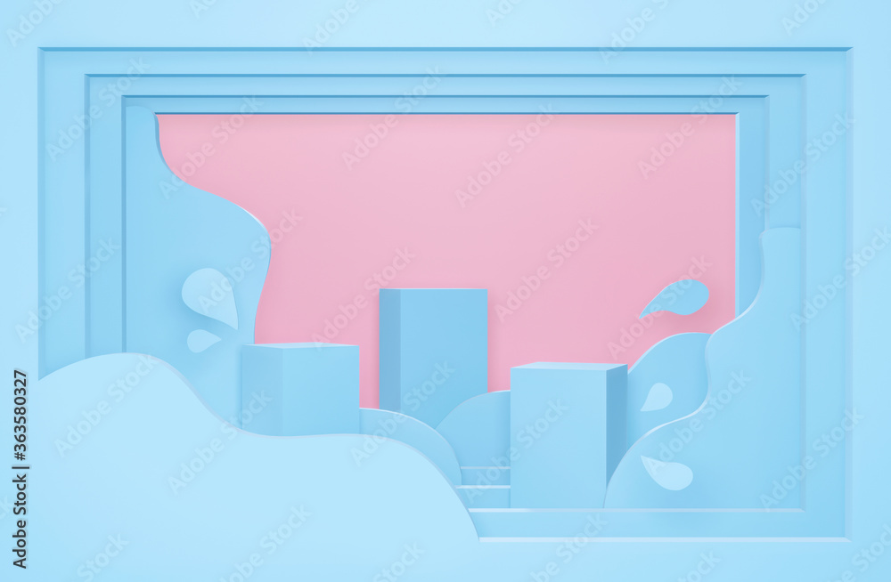 Paper art of 3d blue podium on pastel abstract water splash