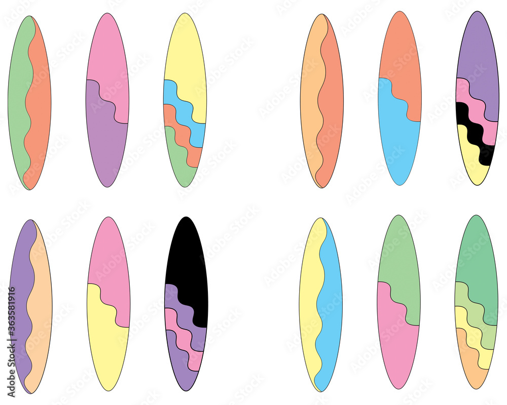 Flat Design Surfboard Illustration Set in cool summer colors