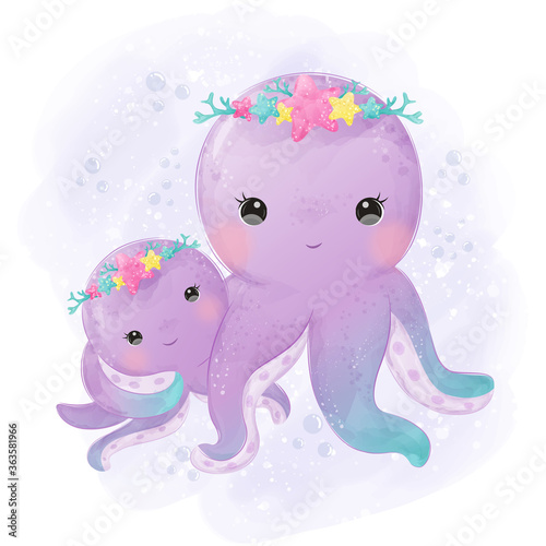 Adorable mommy and baby octopus in watercolor style