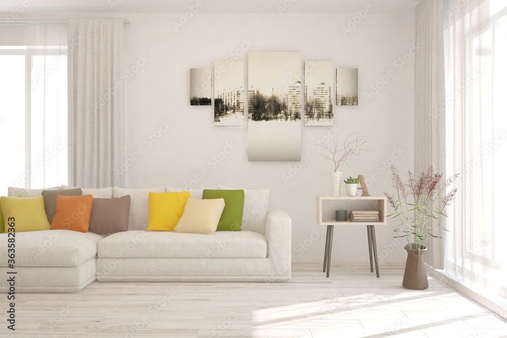 Fototapeta premium White living room with sofa. Scandinavian interior design. 3D illustration