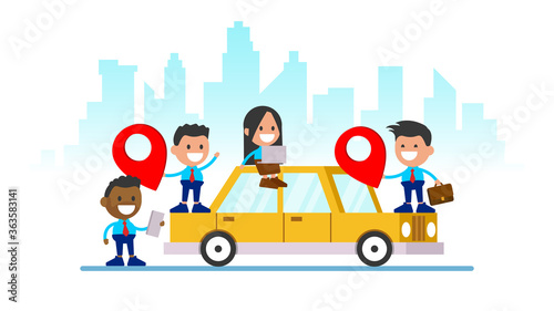 Online car sharing service, group of people sharing car. Can use for, landing page, template, ui, web, mobile app, poster, banner, flyer.
