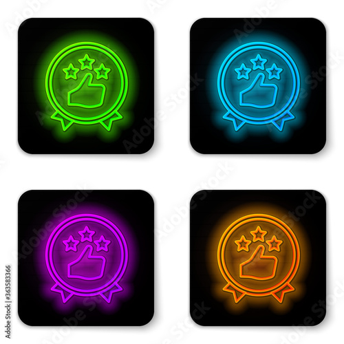Glowing neon line Consumer or customer product rating icon isolated on white background. Black square button. Vector Illustration.