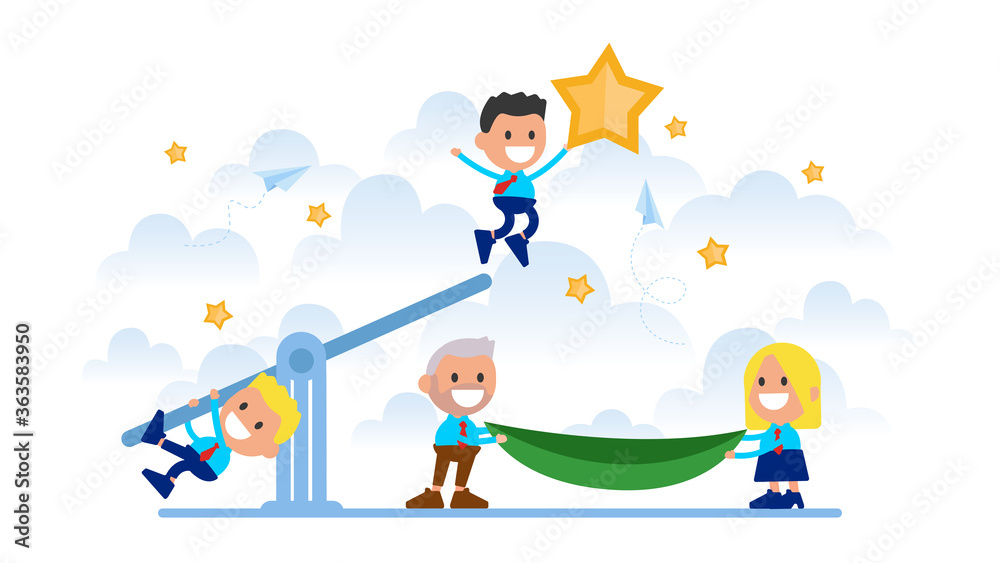 Fototapeta premium Joint efforts working team caught a star from the sky. 