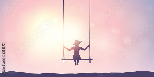 girl on a swing sunny summer sky background vector illustration EPS10