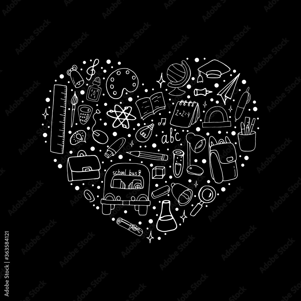 School poster design on a black background.School supplies for printing on paper. Vector isolated illustration with signs for learning. Doodle style. Illustration for school. School bus with a sign. School poster design on a black background.School supplies for printing on paper. Vector isolated illustration with signs for learning. Doodle style. Illustration for school. School bus with a sign.