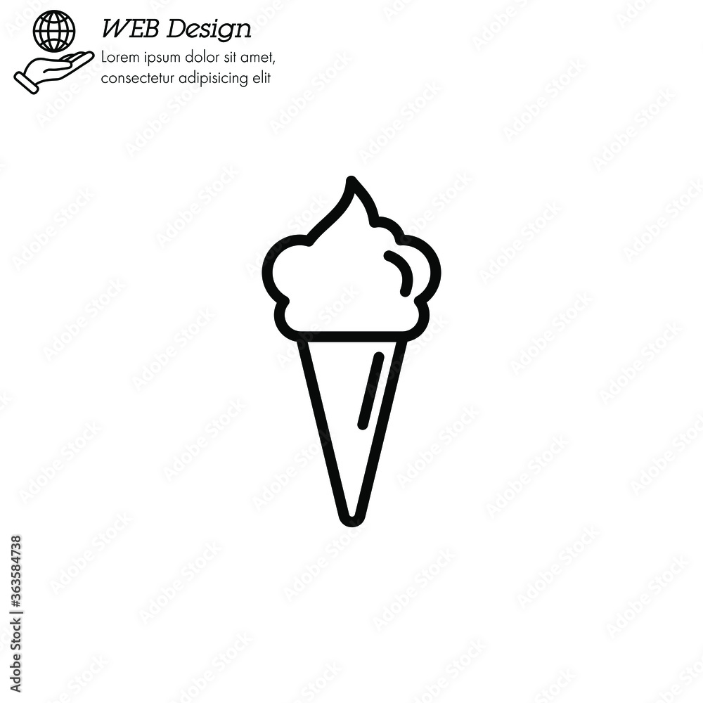 Ice cream in waffle cone icon thin line, linear, outline. Simple sign, logo