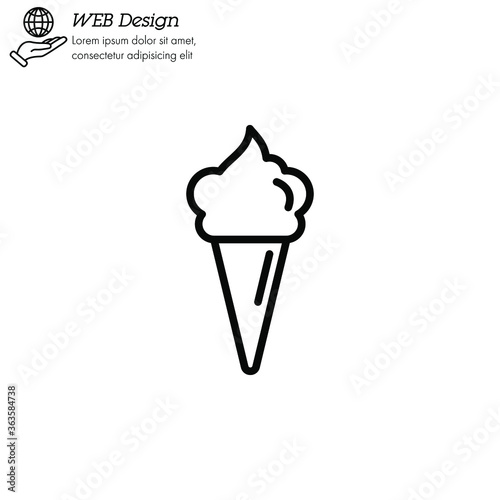 Ice cream in waffle cone icon thin line, linear, outline. Simple sign, logo