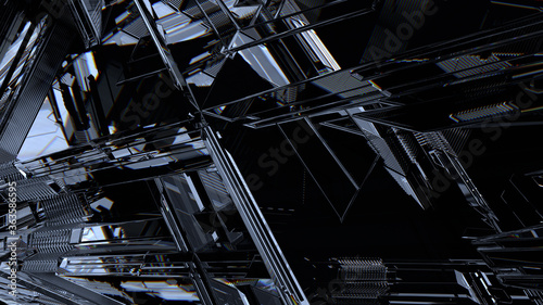 Abstract futuristic cyberspace dark background. Concept data technology, business security. Black glass geometry.