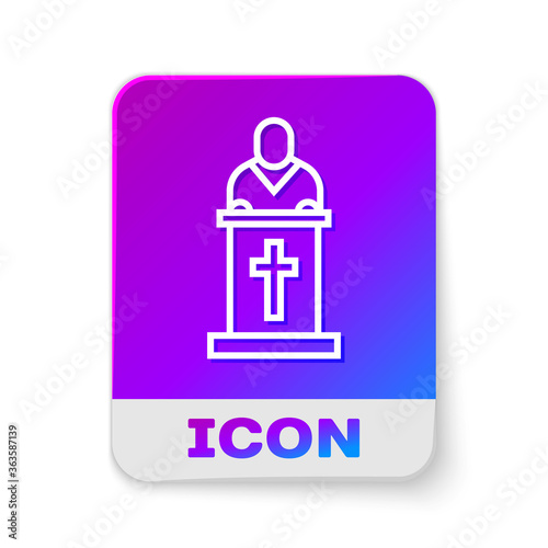 White line Church pastor preaching icon isolated on white background. Rectangle color button. Vector Illustration.