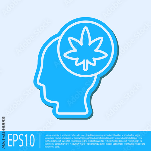 Blue line Male head in profile with marijuana or cannabis leaf icon isolated on grey background. Marijuana legalization. Hemp symbol. Vector Illustration.